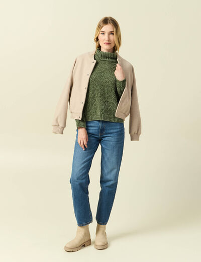 Pull col roul&eacute; manches longues vert kaki femme
