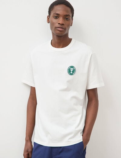 T-shirt col rond manches coudes en coton ecru homme