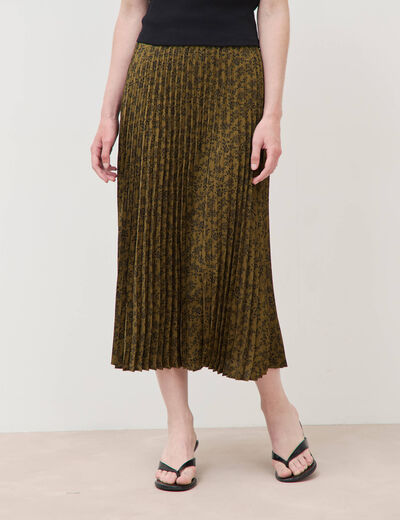Jupe longue droite pliss&eacute;e vert kaki femme