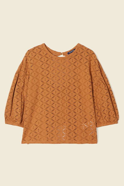 T-shirt manches 3/4 ajouré marron femme