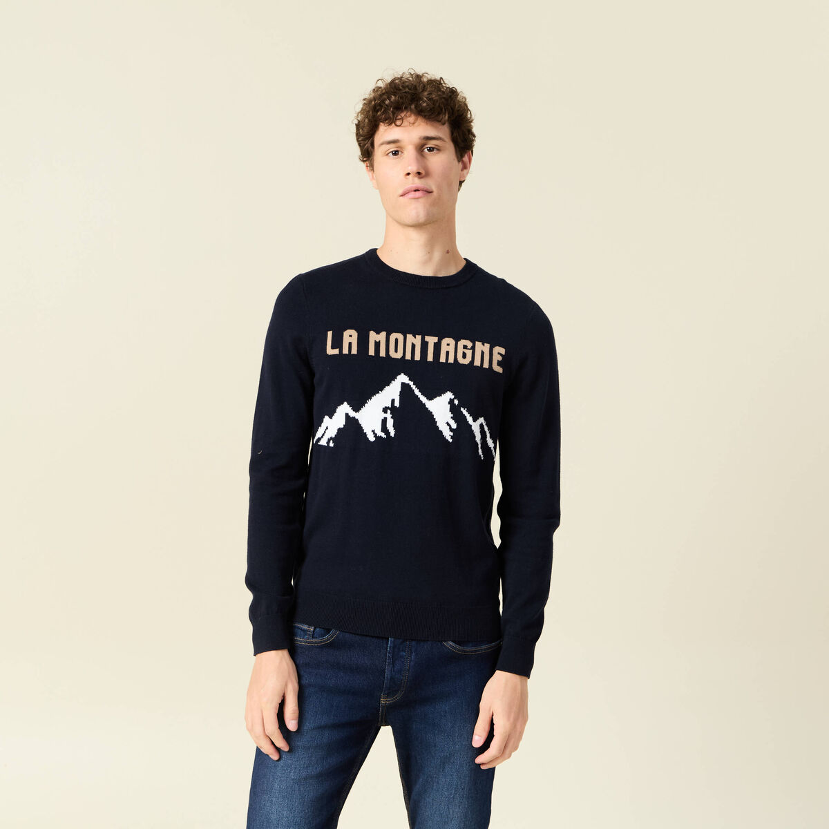 Pull col rond manches longues en coton bleu fonc&eacute; homme