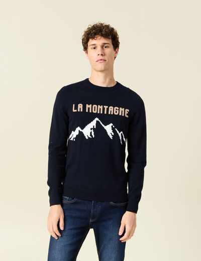 Pull col rond manches longues en coton bleu fonc&eacute; homme