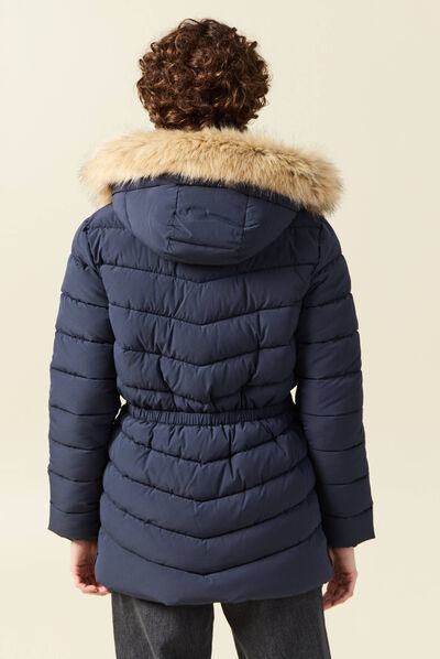 Doudoune à capuche fourrure bleu foncé femme