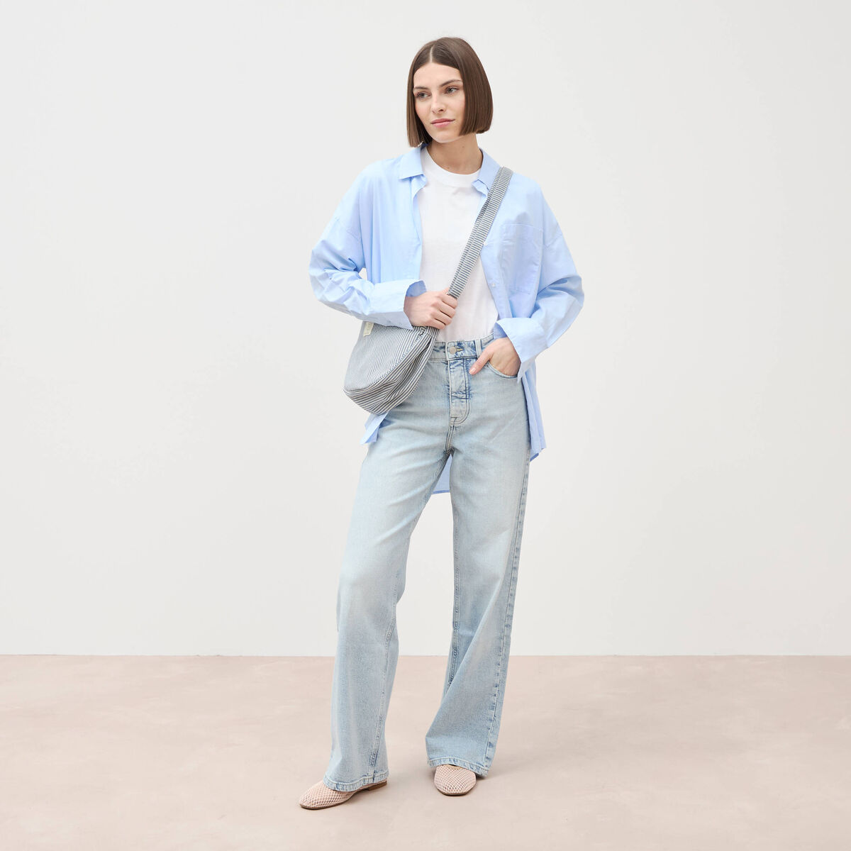 Jeans large taille haute denim bleach femme