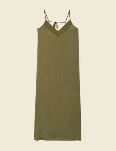 Robe longue droite satin vert kaki femme