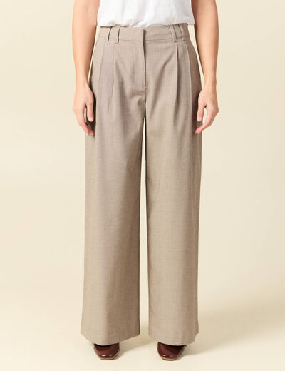 Pantalon large taille haute fluide beige femme