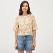 T-shirt brod&eacute; col rond manches 3/4 beige femme