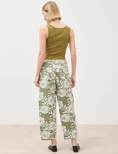Pantalon loose taille haute en coton vert kaki femme