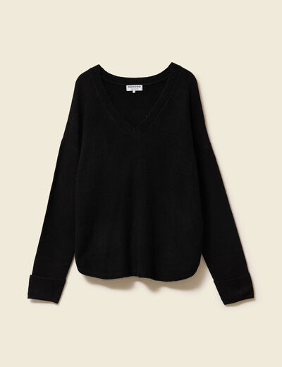 Pull manches longues col en V noir femme