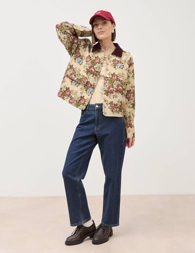 Jeans straight 7/8&egrave;me taille haute denim brut femme