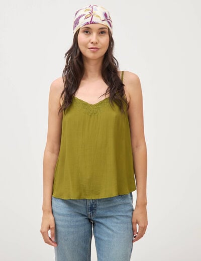 Caraco col v bretelles brod&eacute; vert kaki femme