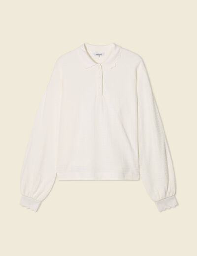 Sweat manches longues col polo ecru femme