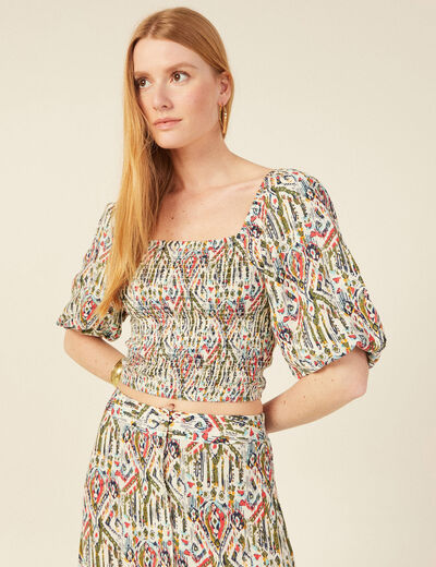 Blouse manches courtes smockée multicolore femme