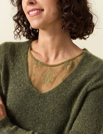 Pull col V manches longues vert kaki femme