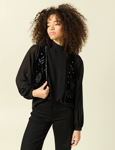 Veston court droit en velours noir femme