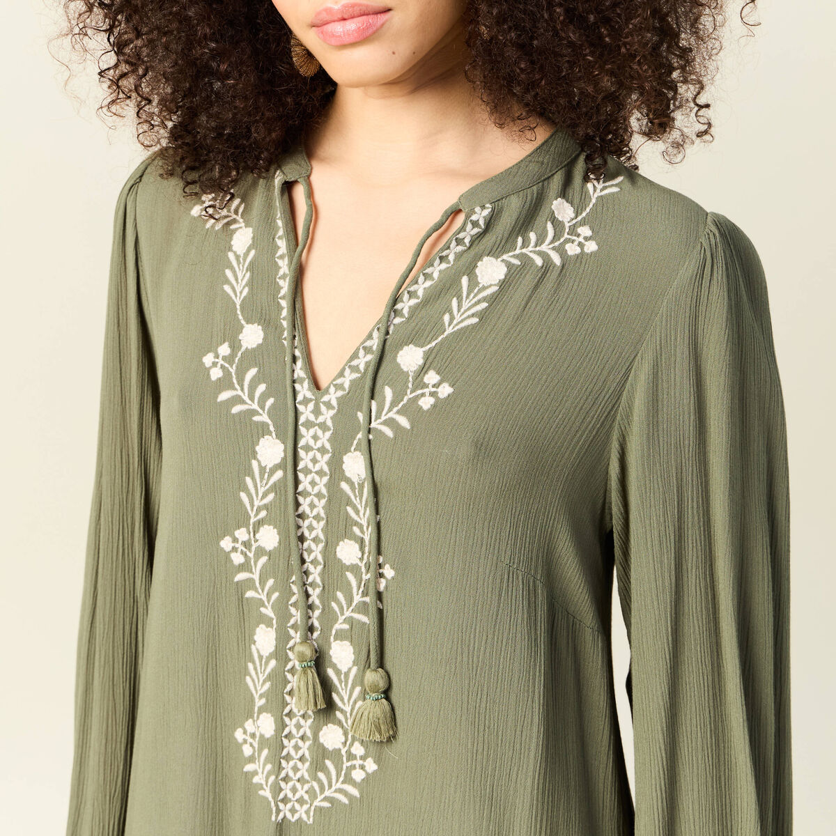 Robe évasée broderie vert kaki femme
