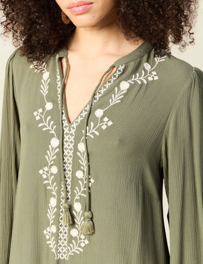 Robe évasée broderie vert kaki femme