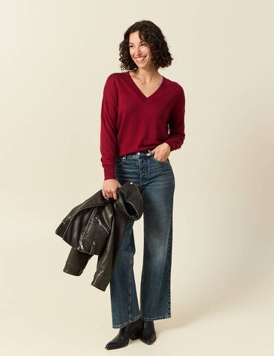 Pull fin col V manches longues rouge femme