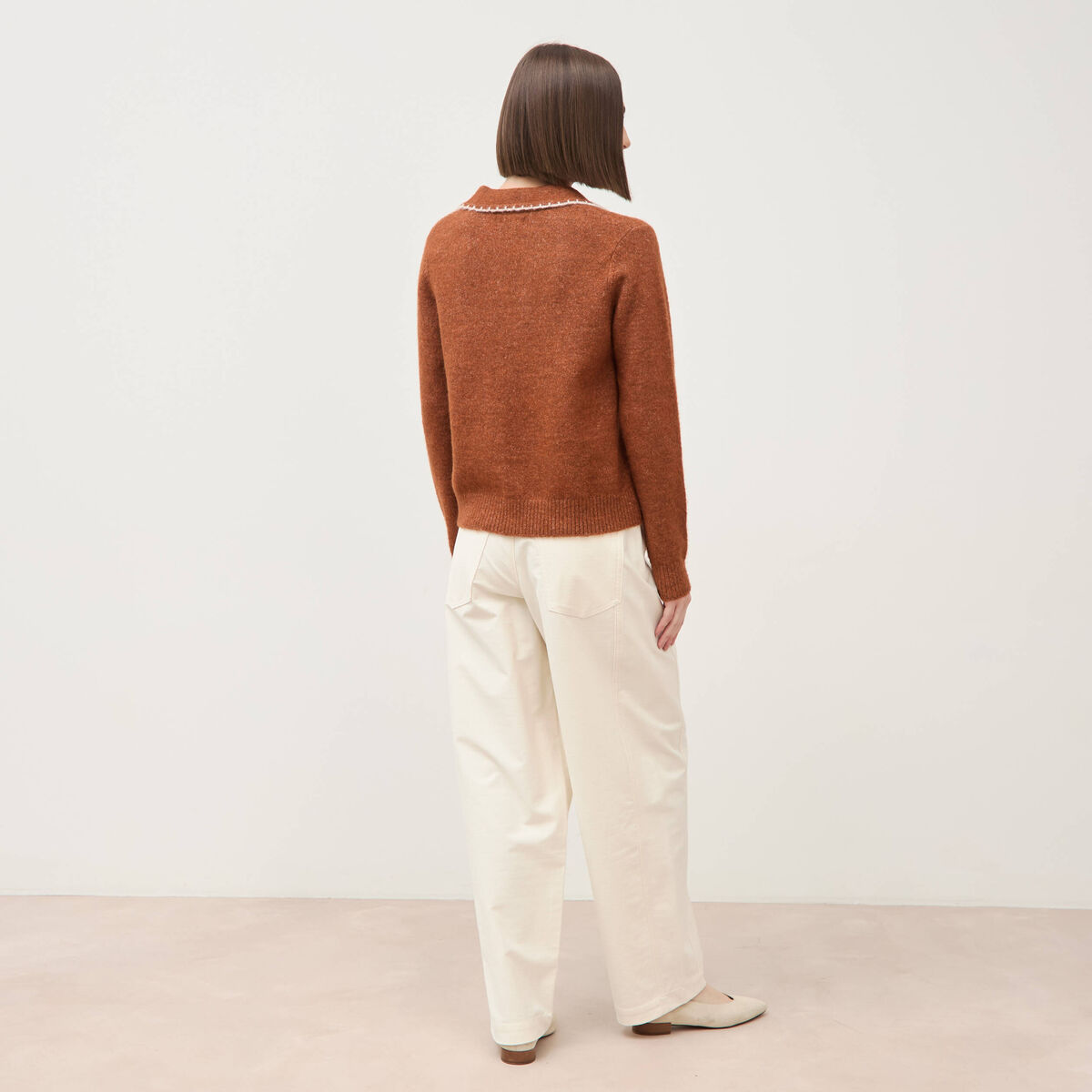 Pull droit col polo manches longues marron cognac femme