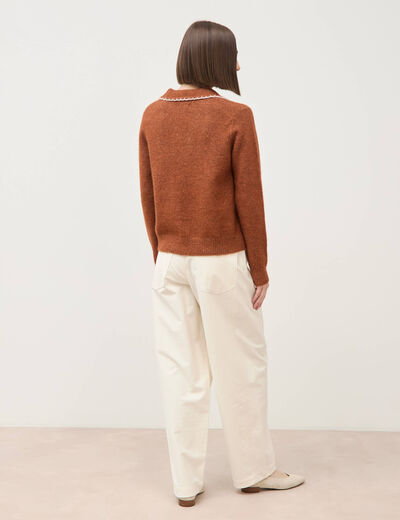 Pull droit col polo manches longues marron cognac femme