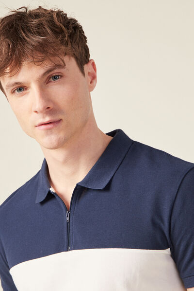 Polo manches courtes zippé bleu marine homme