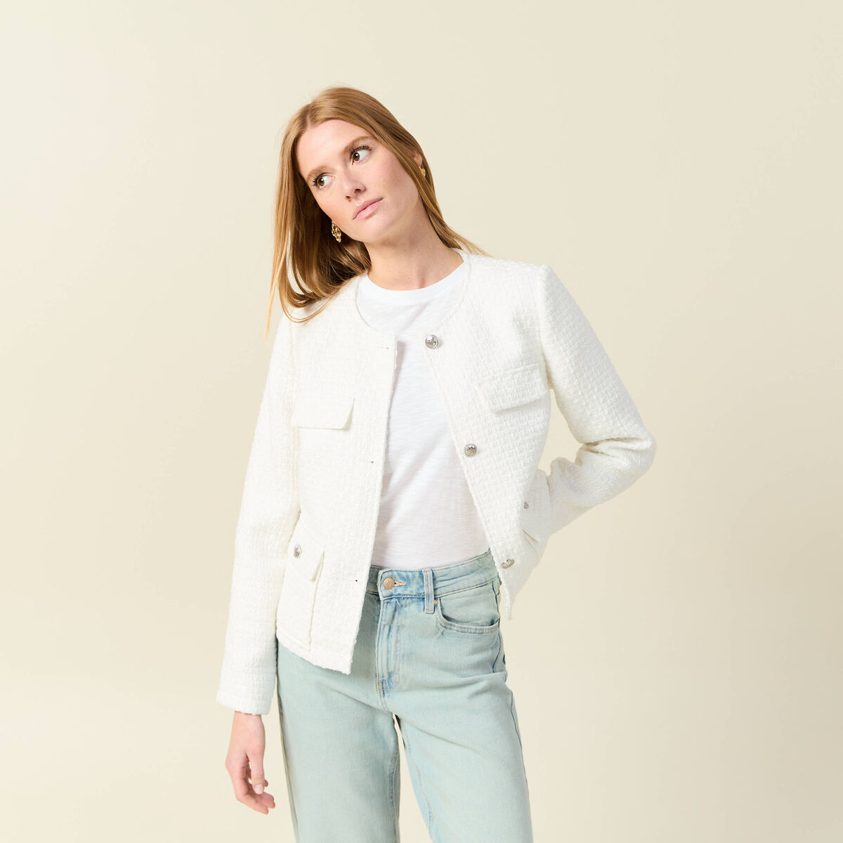 Veste tweed manches longues doublée ecru femme