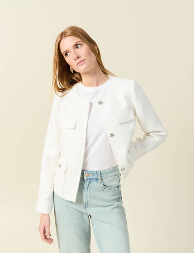 Veste tweed manches longues doublée ecru femme