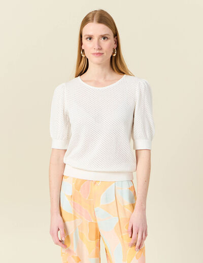Pull manches courtes ajouré creme femme