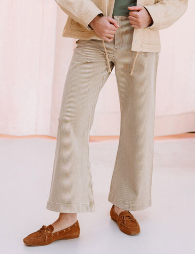 Jeans large ray&eacute; taille haute 7/8&egrave;me beige femme