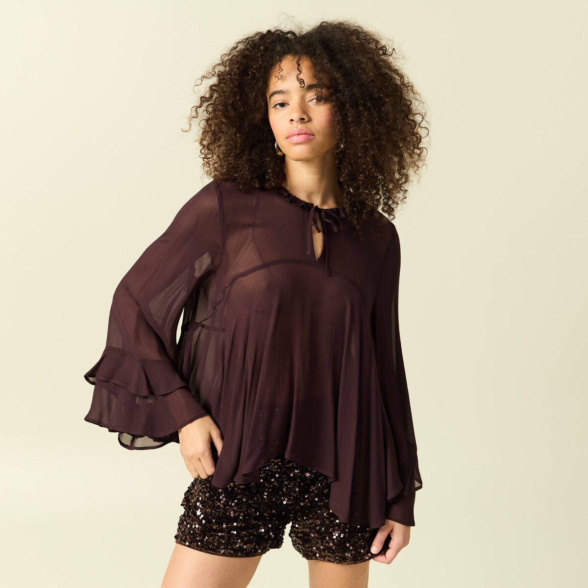 Blouse manches longues col ras de cou marron fonc&eacute; femme