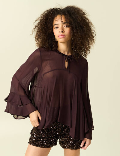 Blouse manches longues col ras de cou marron fonc&eacute; femme