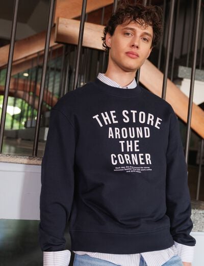Sweat droit col rond en coton bleu marine homme