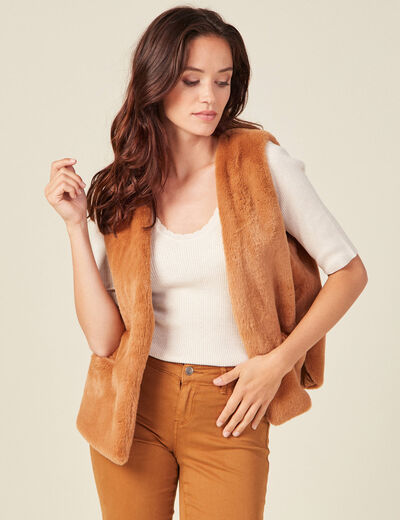Veste droite fausse fourrure marron femme