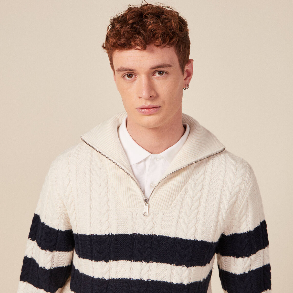 Pull col camionneur zippé ecru homme