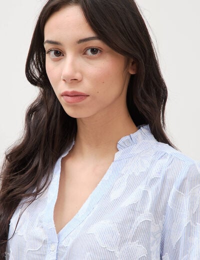 Chemise en coton col V manches longues bleu gris femme