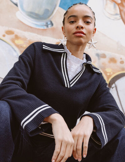 Pull col polo manches longues bleu marine femme