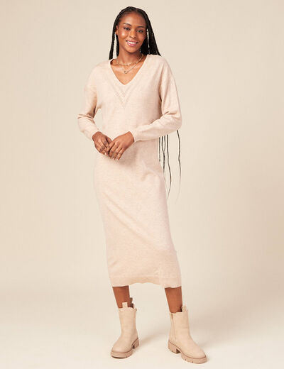 Robe cintr&eacute;e col v manches 3/4 creme femme