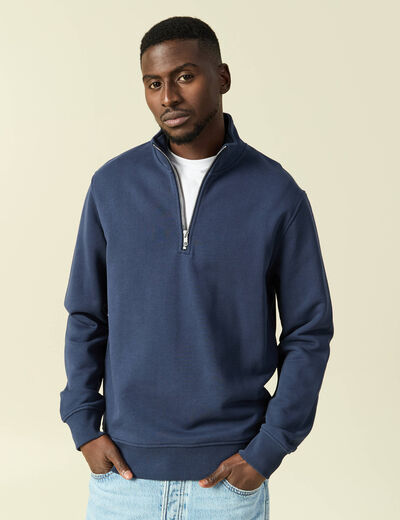 Sweat col montant manches longues bleu marine homme