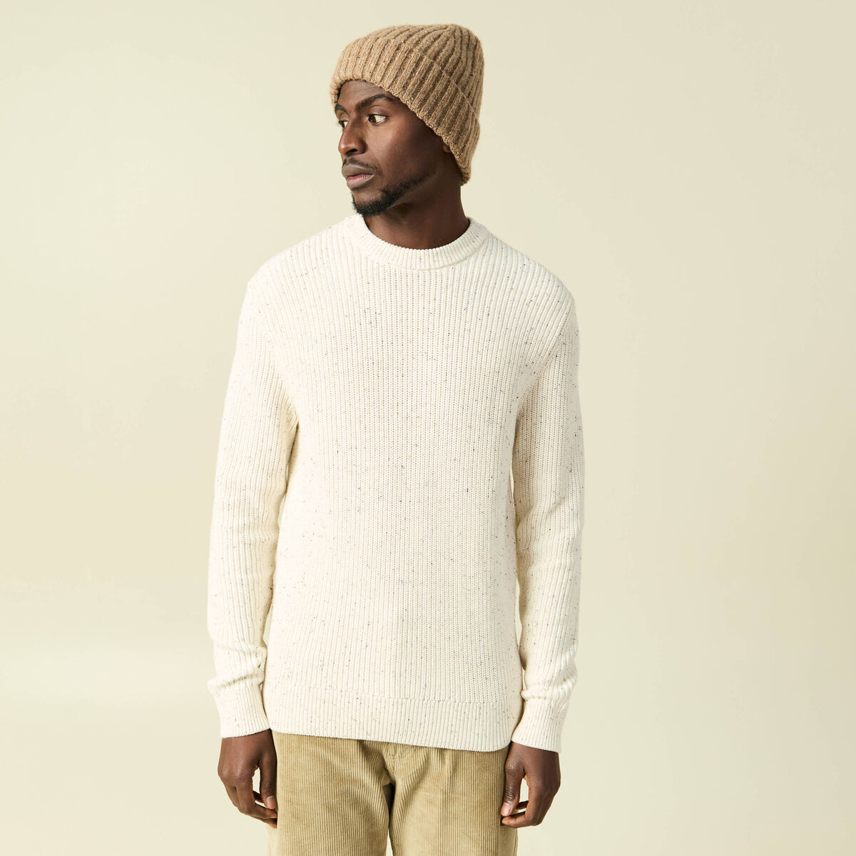 Pull col rond manches longues en coton ecru homme