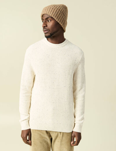 Pull col rond manches longues en coton ecru homme