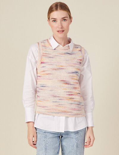 Pull sans manches ajouré creme femme