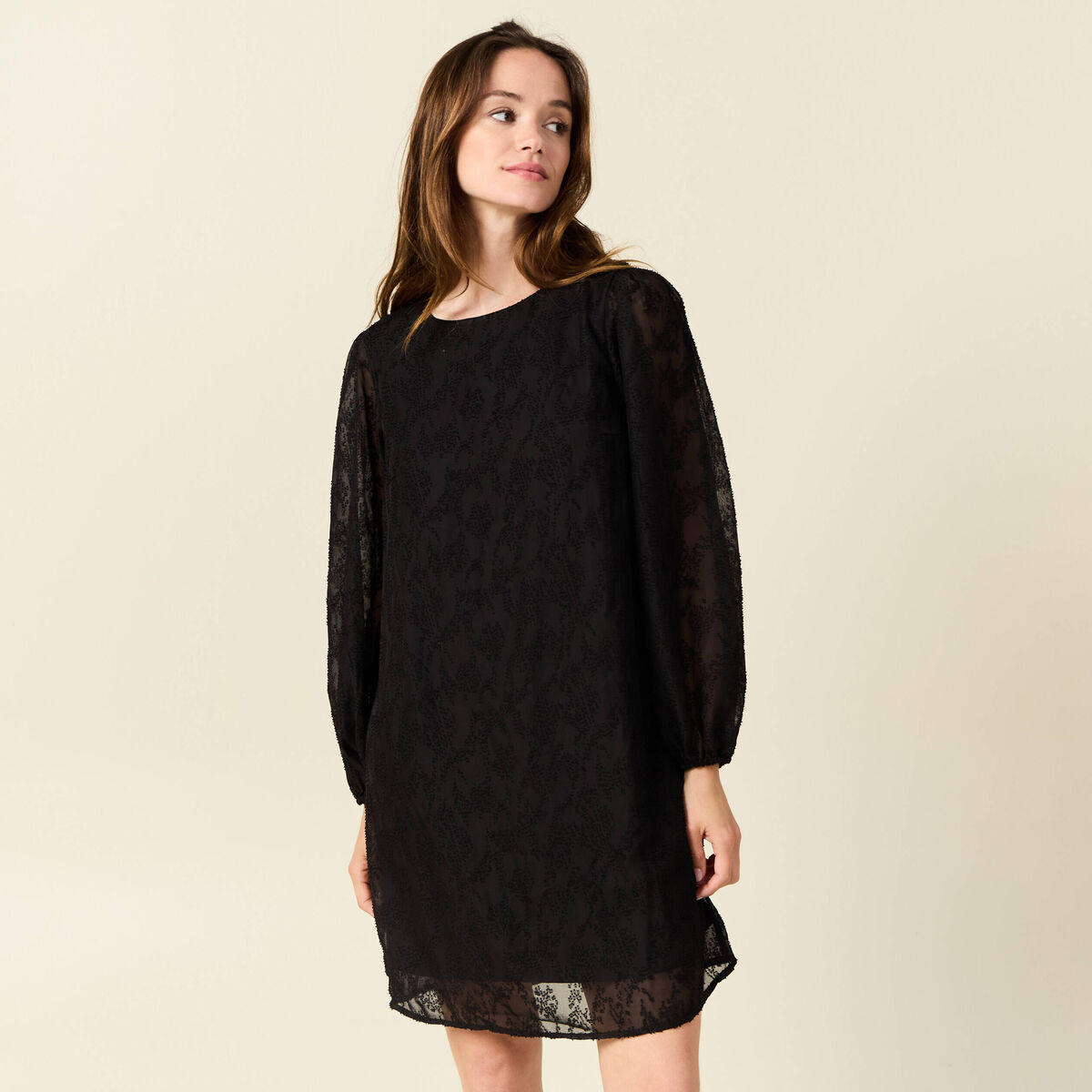Robe droite manches longues noir femme