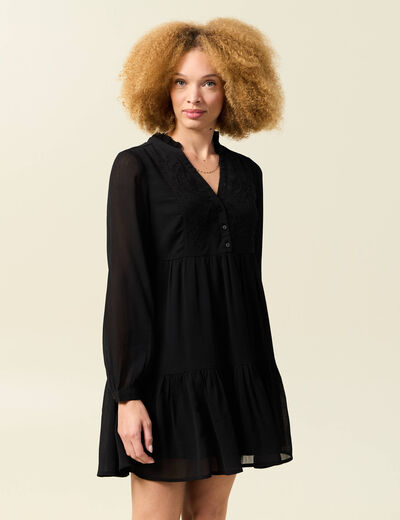 Robe manches longues doubl&eacute;e noir femme