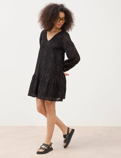Robe dentelle manches longues doubl&eacute;e noir femme