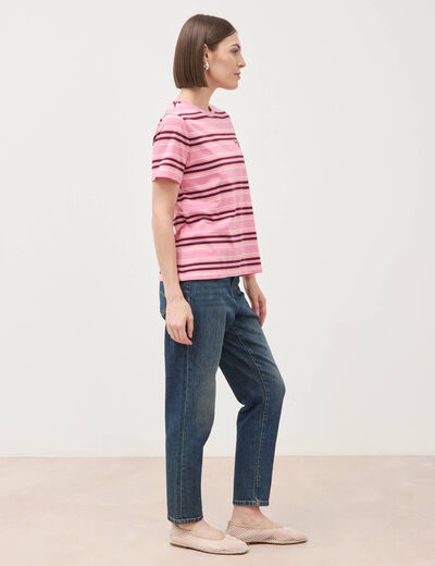 T-shirt ray&eacute; col rond manches courtes vieux rose femme