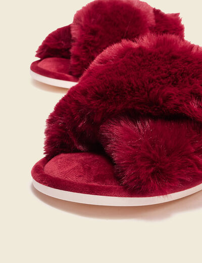 Chaussons mules fourrure rouge foncé femme