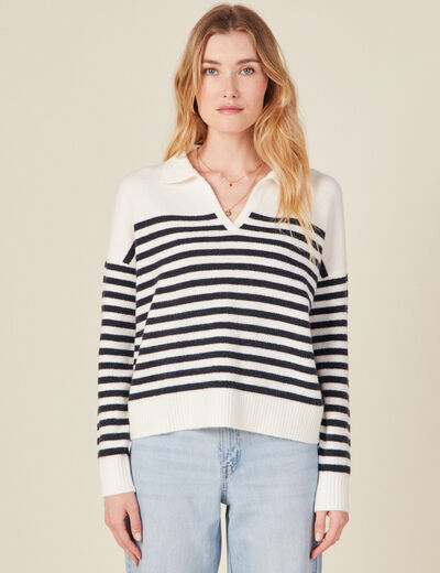 Pull col polo ecru femme
