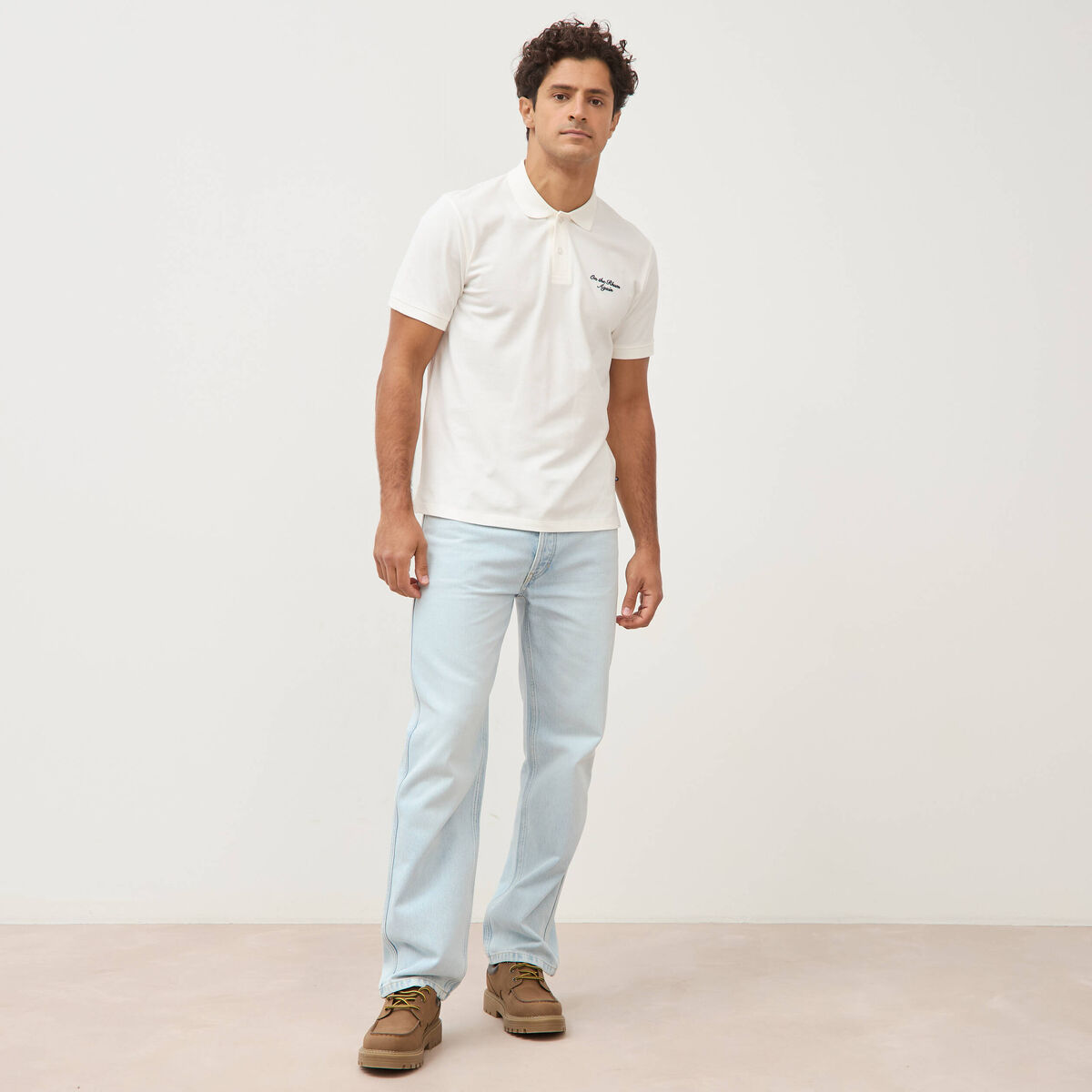 Polo ajust&eacute; manches courtes en coton ecru homme
