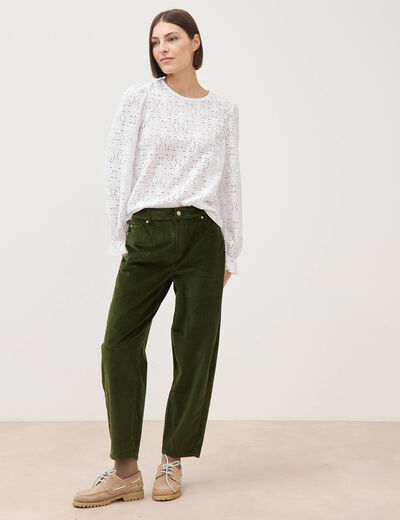 Pantalon barrel taille haute velours vert fonc&eacute; femme