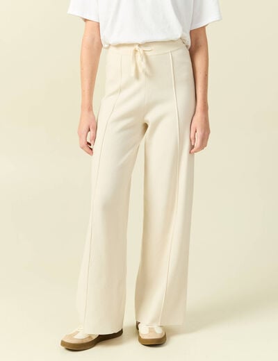 Pantalon large taille haute en maille creme femme